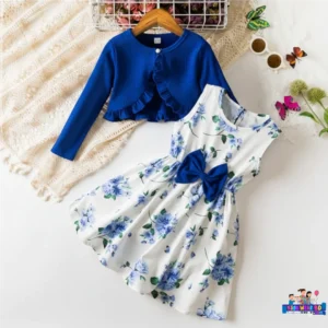 Blue Floral Dress with Cardigan Set.