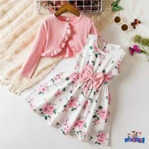 Pink Floral Dress with Cardigan Set.