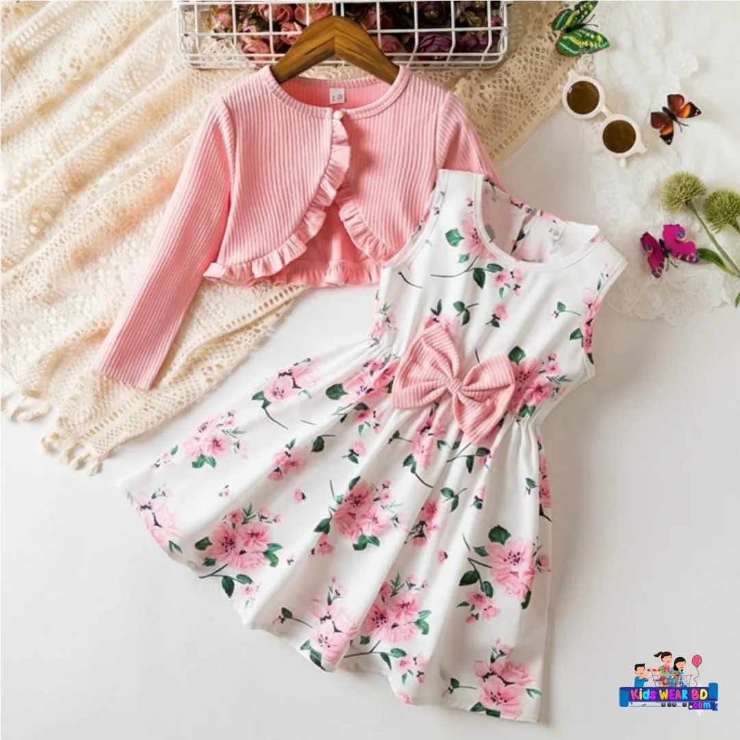 Pink Floral Dress with Cardigan Set.