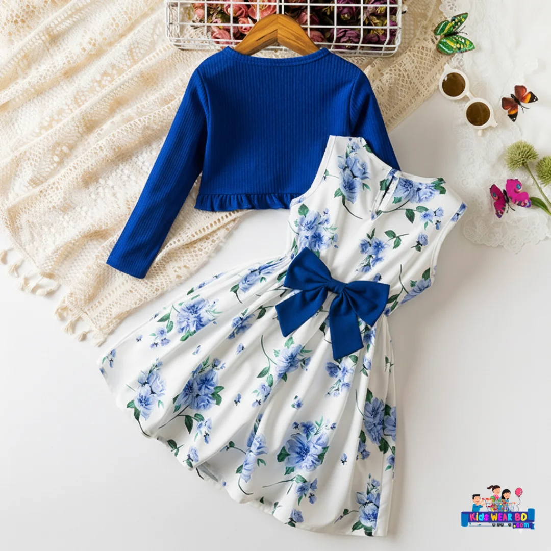 Blue Floral Dress with Cardigan Set. - Image 2