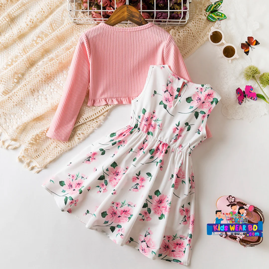Pink Floral Dress with Cardigan Set. - Image 2