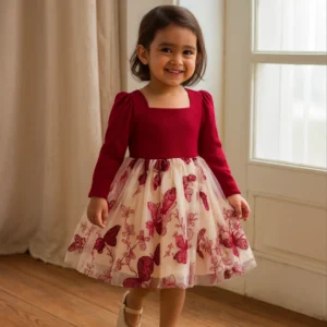 Red Ribbed Top with Floral Tulle Skirt Dress.