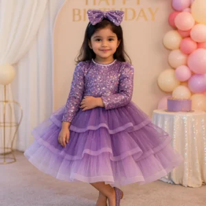 Purple Sequin Party Dress with Bow for Girls.
