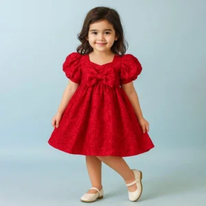 Product Name: Red Floral Jacquard Dress with Bow.