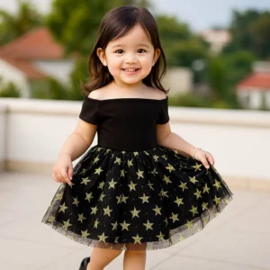 Black Off-Shoulder Star Tulle Party Dress for Baby Girls.