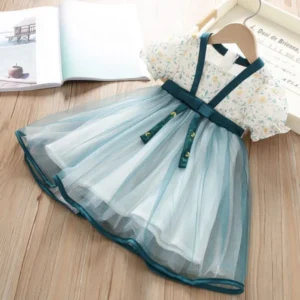 “Floral Puff Sleeve Mesh Overlay Dress with Teal Ribbon Belt”.