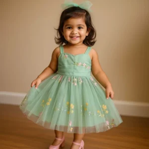 Elegant Floral Embroidered Mint Green Tulle Dress.