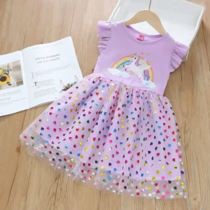 Lovely Unicorn Rainbow Printed Kids Dress.