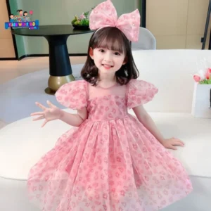 Pink Princess Puff Sleeve Party Dress for Girls.