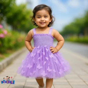 Lilac Butterfly Mesh Summer Dress for Baby Girls.