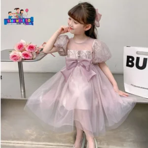 Elegant Mauve Princess Party Dress with Big Bow for Girls.