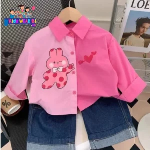 Cute Pink Bunny Printed Half-N-Half Shirt for Girls.