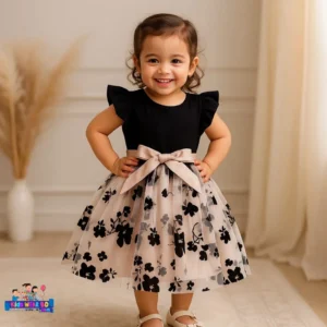 Black & Beige Floral Bow Party Dress for Baby Girls.