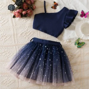 Navy Blue One-Shoulder Starry Mesh Skirt Set for Girls