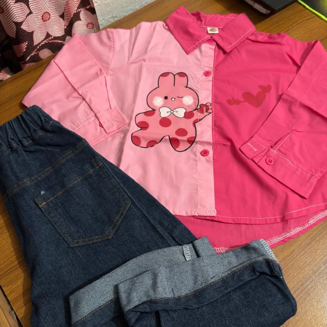 Cute Pink Bunny Printed Half-N-Half Shirt for Girls. - Image 2