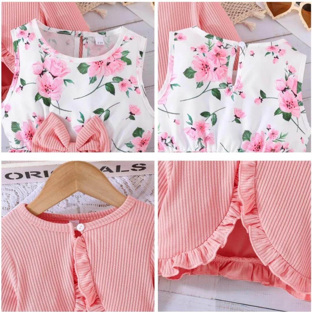 Pink Floral Dress with Cardigan Set. - Image 3