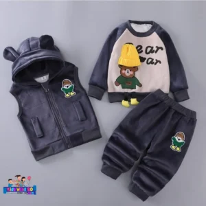 Navy Blue Kids Winter 3-Piece Velvet Bear Set.