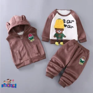 Kids 3-Piece Brown Bear Winter Set (Hoodie Vest + Sweatshirt + Pant).