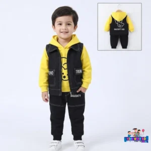 Yellow & Black Kids Hoodie Denim Vest 3-Piece Set.