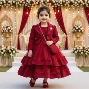 Luxury Maroon Kids Party Frock with Stylish Blazer & Bag.